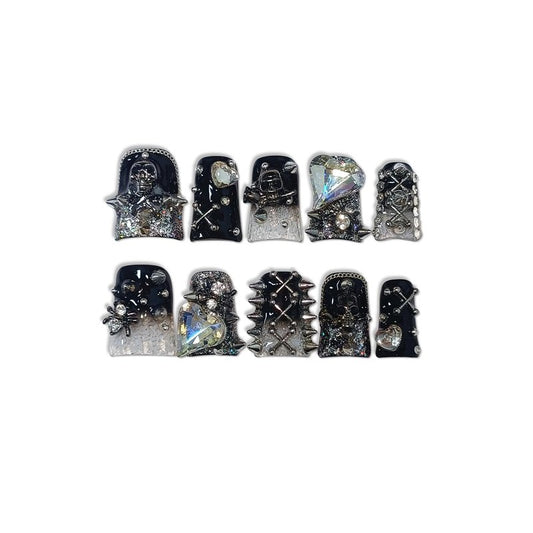 TENPAL 10Pcs Handmade Duckbill Press on Nails,Full Diamond French Tips & 3D Floral Short Nails with Charms,Cherry Blossom Butterfly Design,Sweet Sassy Reusable Duck Nails Set(M)