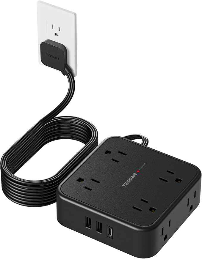 TESSAN Surge Protector Power Strip, 10 Ft Flat Plug Extension Cord with 3 USB (1 USB C) 8 Outlets, 1250W, 900J Protection, 3 Sided Outlet Extender with Power Switch for Office, Dorm Room, Black
