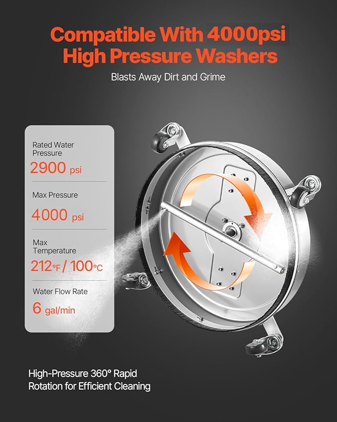 VEVOR 24" Pressure Washer Surface Cleaner, Stainless Steel Pressure Washer Attachments with 4 Wheels, 4000 Max PSI, 3/8 Quick Connector, 2 Spray Nozzles, Dual Handle, for Concrete, Patio, Sidewalk