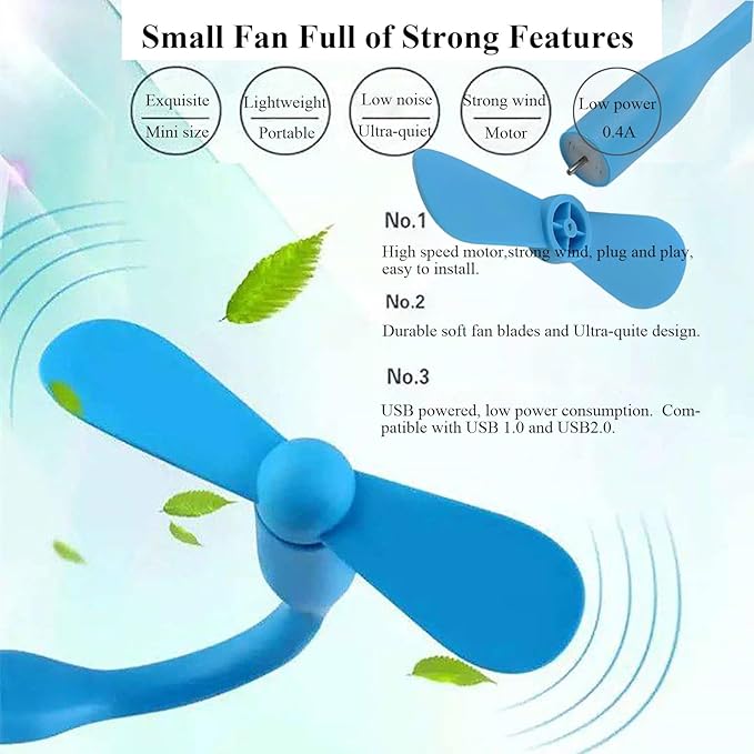 Soseelnee Mini USB Fan, Portable Pocket Fan USB-A Powered Little Cooler, Quiet Operation, for Home Office Car Outdoor Travel- 4 Pack (Blue)