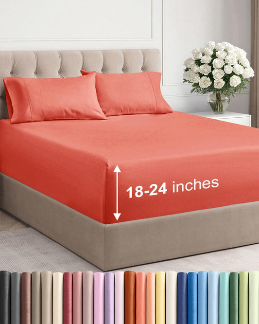 Skiennix Extra Deep Twin Sheet Set - 4 Piece Breathable Cooling Bedding - Soft Coral Luxury Sheets