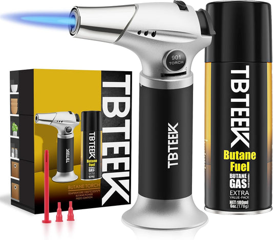 TBTeek Torch Lighter - Butane Kitchen Torch with Safety Lock & Adjustable Flame | 180ml Fuel Included
