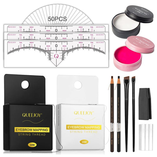 QUEEJOY Eyebrow Mapping Kit with 10M X2 Colors Brow Mapping String,50pcs Ruler Stencils, 20g White and Pink Brow Paste, 2 Brow Brushes Set, Eyebrow Mapping Pencil,Sharpener, Razor and Instructions