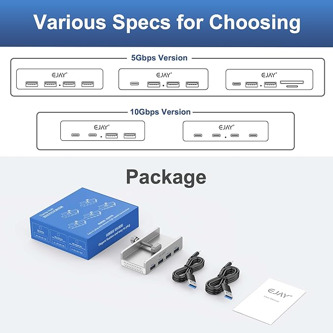 EJAY Clamp USB 3.0 Hub for Desk & Monitor, 4-Port 5Gbps High-Speed Under Desk USB Hub with 59in Extra Long Data Cable, Aluminum Multi Port Splitter for PC, Mac, Laptop, Silver