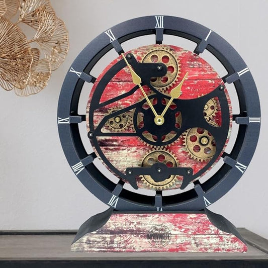 ImprovingLife The Gears Clock Desk Clock 10 inches with Real Moving Gears Convertible into Wall Clock (Red Lava)