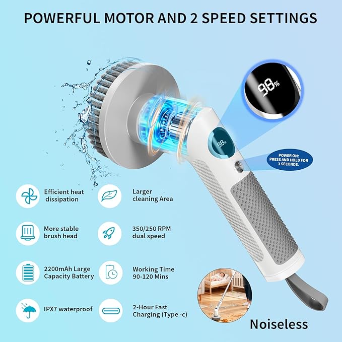 Electric Spin Scrubber, Cordless 20W High-Torque IPX7 Waterproof Cleaning Brush with LED Battery Display, 2-Speed &6 Replaceable Heads & Extendable Long Handle