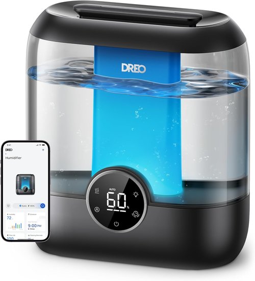 DREO Smart Humidifier - 6L Top Fill Cool Mist for Large Rooms | 60-Hour Runtime, Quiet & Night Light, Black