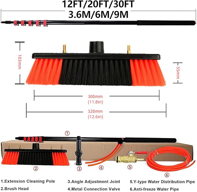 Window Cleaning Telescopic Pole, Window Cleaning Pole Water Fed Pole Kit for Cleaner Conservatory Roof Photovoltaic Panel Cleaning Extendable Solar Panel Roof Cleaning Tools,50cmBrush-3.6mRod