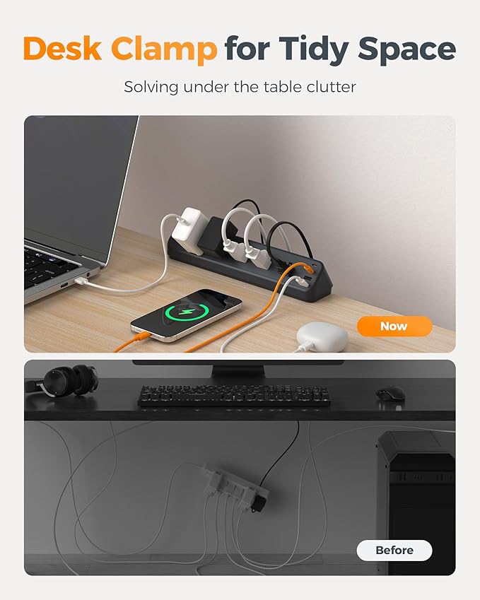 TESSAN Desk Clamp Power Strip 6 Ft, 2100J Surge Protector Desk Charging Station, 5 Outlets with 4 USB Ports (2 USB C), Flat Plug Extension Cord with Multiple Outlets for Home Office Dorm Room, Black