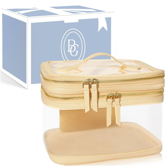 Clear Travel Makeup Bag for Women Organizer with Handle Beige, Extra Large Transparent Makeup Bag Toiletry Organizer with Zipper, Clear Cosmetic Travel Bags for Women Skincare Organizer for Traveling