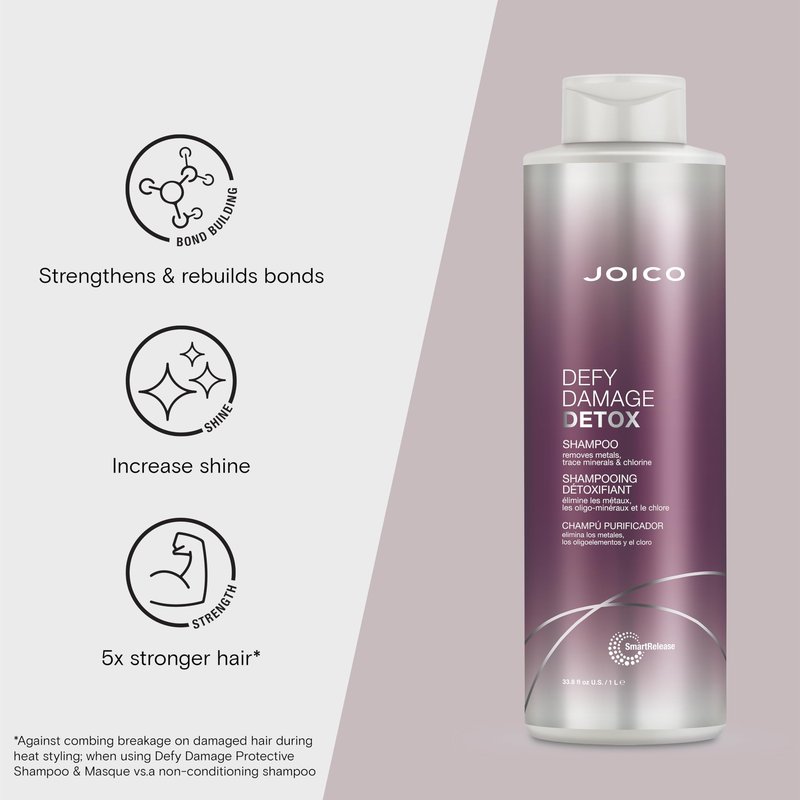 Joico Defy Damage Detox Shampoo | Removes Chlorine, Hard Water Residue, Product Buildup, Metals, & Trace Minerals | Strengthens Bonds & Preserves Hair Color | Vegan | Sulfate-Free | 33.8 Fl Oz