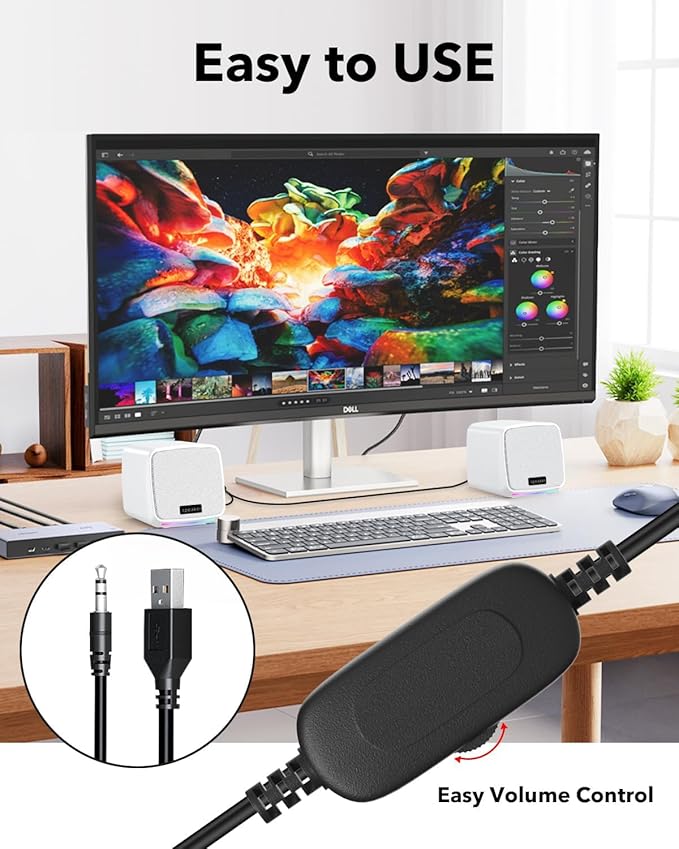 Uakinat Computer Speakers for Desktop PC, USB Powered 3.5mm Aux Speaker for PC, Laptop, Tablet, Phone, Plug and Play with Volume Control, White