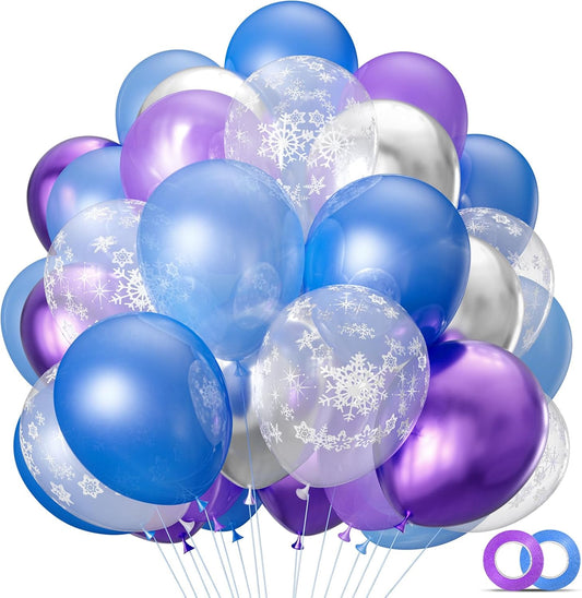 Skiennix 68Pcs Party Balloons Kit - 12 Inch Pearl Light Blue & Metallic Purple with Ribbons | Winter Theme Decor