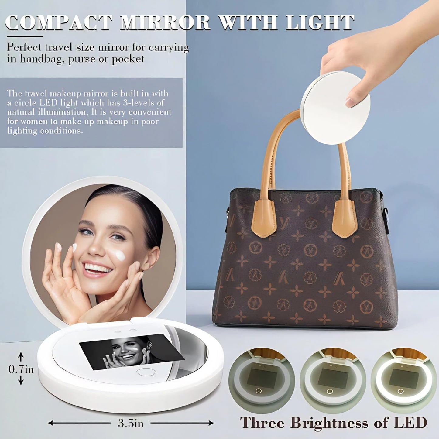 BONKZEBU Travel Mirror with Light Intelligent Touch Control Brightness Adjustment Camera Lens Testing Compact Makeup Mirror with Magnification Portable LED Vanity Mirror for Travel and Home Use