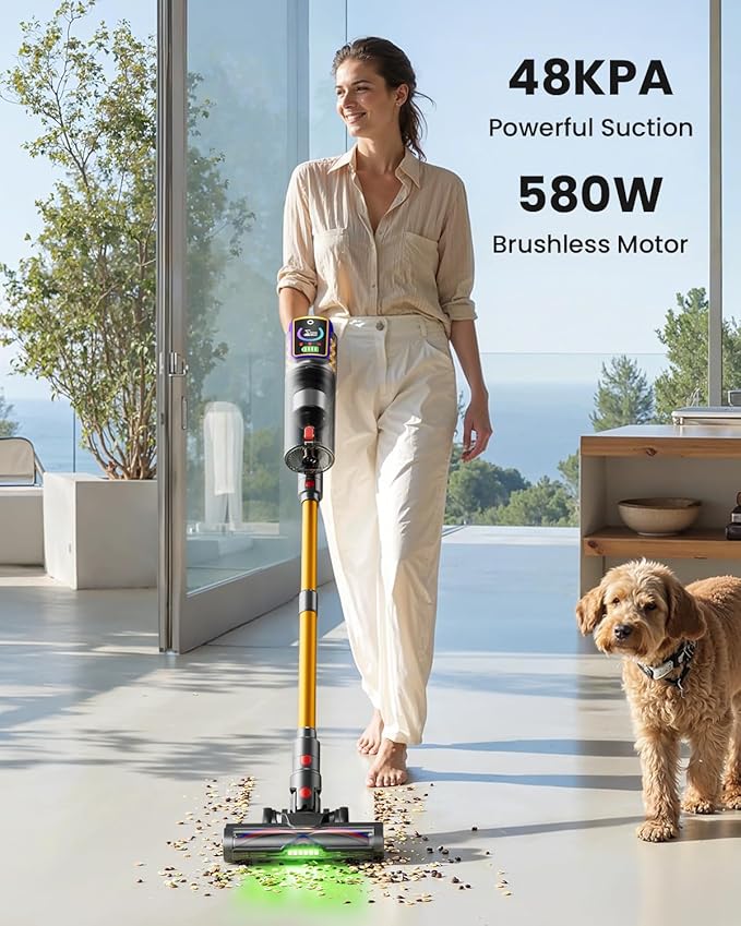 Cordless Vacuum Cleaner,55KPa 650W 65Mins Vacuum Cleaners for Home,Stick Vacuum with LED Display &Anti-tangle Brush and Self-Standing Design,Vacuum Cleaner for Hardwood Floors,Carpet,Pet Hair,Car