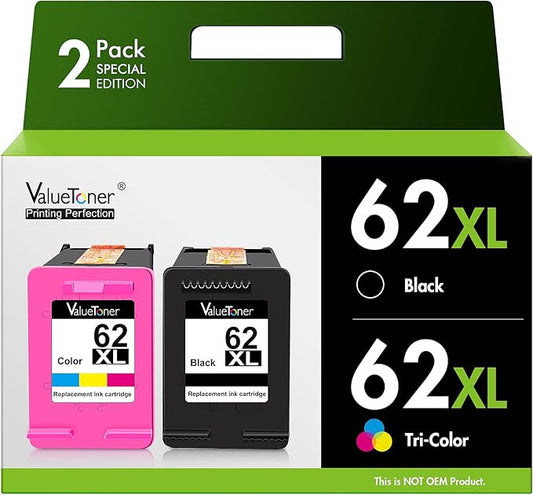 62XL Ink Cartridges for HP Ink 62 for HP 62XL Ink Cartridge Combo Pack Works with HP Envy 7640 7645 5660 5540 5640 7644 OfficeJet 5740 5741 8040 OfficeJet 200 250 258 Series (2-Pack, 1 Black 1 Color)