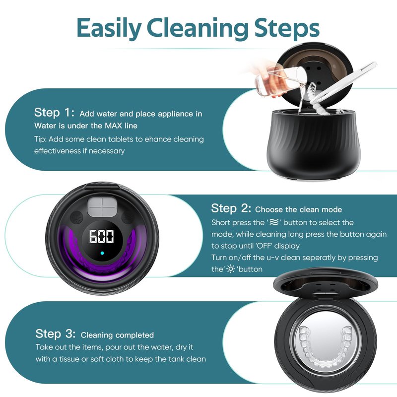 KINTLE Ultrasonic Retainer Cleaner Machine- 45kHz Denture Cleaner, 200ML Dental Cleaning Pod for Aligners, Mouth Night Guards, Toothbrush Heads & Jewelry, 4 Cleaning Modes, Digital Timer, Black