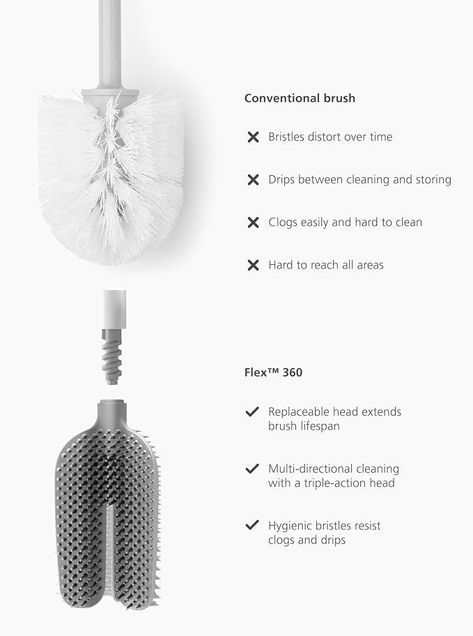 Joseph Joseph Flex 360 Lite Silicone Toilet Brush & Holder, 360 Clean, Anti-Drip, Replaceable Head, White