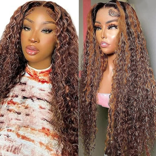 Bafamiya Highlight Brown Human Hair Wig P4/30 Curly Wave Lace Front Wigs Brown 20 Inch 13x6 Wigs Human Hair 200% Density Real Pre Plucked Brazilian Hair For Black Women