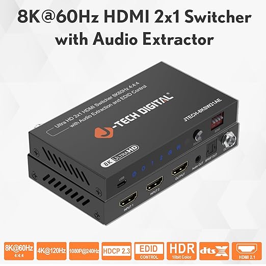 J-Tech Digital 8K HDMI Switch 2 in 1 Out 8K@60Hz 4K@120Hz 1080P@240Hz, HDMI Audio Extraction to Optical & 3.5mm, HDR HDCP 2.3 EDID Control, Compatible with PS5 PS4 Xbox Switch Apple TV Roku Fire TV
