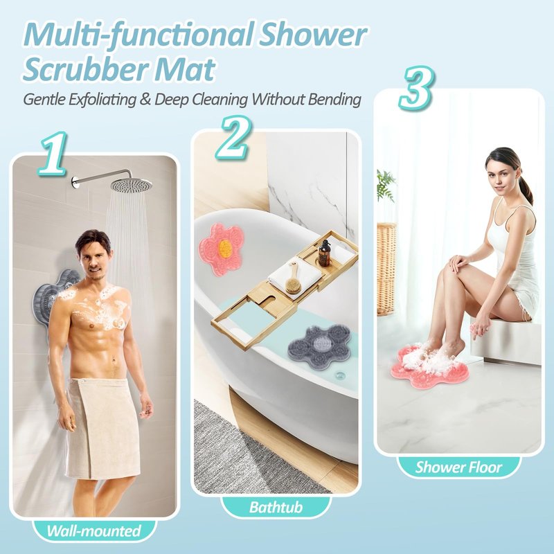GEENOA Upgrade Silicone Shower Foot Scrubber Mat & Silicone Bath Brush Set, Large Wall-Mounted Back Scrubber Back Washer to Clean, Exfoliate and Massage Without Bending(Gray+Soft Brush)