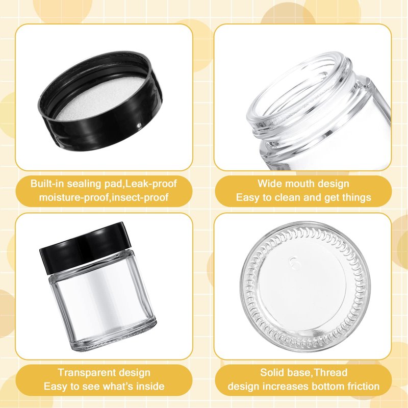 Aoriher 60 Pieces Glass Jars with Lids Clear Small Mason Empty Round Spice Wide Mouth Canning Storage Refillable Cosmetic Containers for Lotions Cream Powders (1 oz) clear and black HS-Aoriher-23870