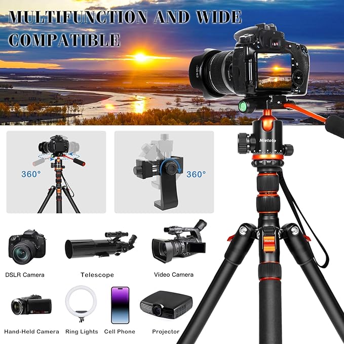 Nietoto 2 in 1 Camera Tripod & Hunting Stand Foldable, 68" Ball Head Tripod for Camera and Phone, Heavy Duty Tripod for DSLR Camera Lasers Binoculars Telescope Spotting Scope, Min Size 16.5" with Bag