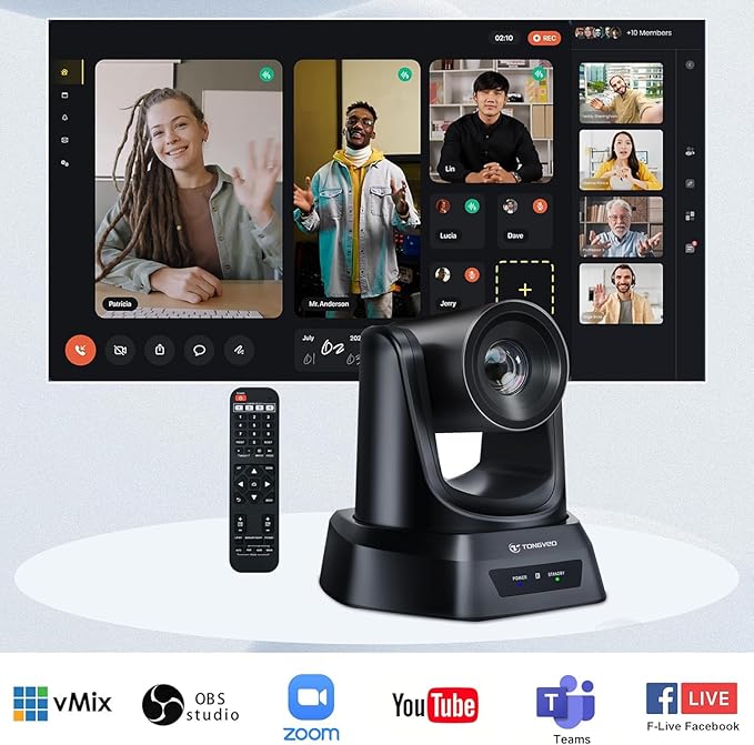 TONGVEO Wireless AI PTZ Camera with Auto-Tracking: Built-in 5.8GHz Receiver for Cable-Free Setup, 1080P 60fps 3X Zoom Conference Camera for Church Services, Online Classes & Hybrid Meetings