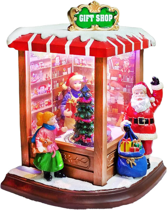 Moments In Time Christmas Village - Vintage Corner Gift Shop with Santa Claus | LED Lights & Music, 8 Songs