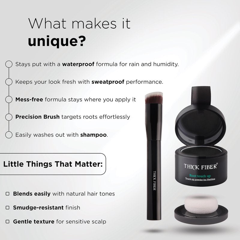 THICK FIBER Root Touch Up Powder - Water & Sweat Resistant Hair Loss Concealer Set for Thinning Hair Women, Includes Brush (Black)
