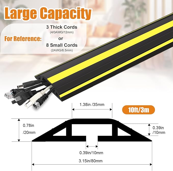 TFMUZERT 10 ft Cord Covers for Wires on Floor, Heavy Duty PVC Duct Floor Cord Cover, Floor Cable Cover Easy to Unroll Prevent Trip Hazard for Home Office or Outdoor Settings (2pcs)