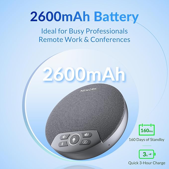 NEWORK Bluetooth Conference Speakerphone with AI Noise Reduction, 4 Mics, 360° Voice Pickup, 2600mAh Battery, Bluetooth/USB-C/Dongle, Daisy Chain for Large Rooms, Compatible with Zoom/Teams/Skype