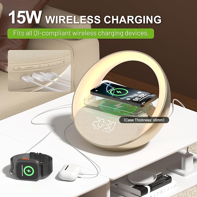 FUNFOR Bluetooth Speaker, 15W Fast Wireless Charging for Bedroom, Adjustable LED Night Light, 10W Portable Wireless Audio, Bluetooth 5.3 Speakers Wireless for iPhone, 2400mAh