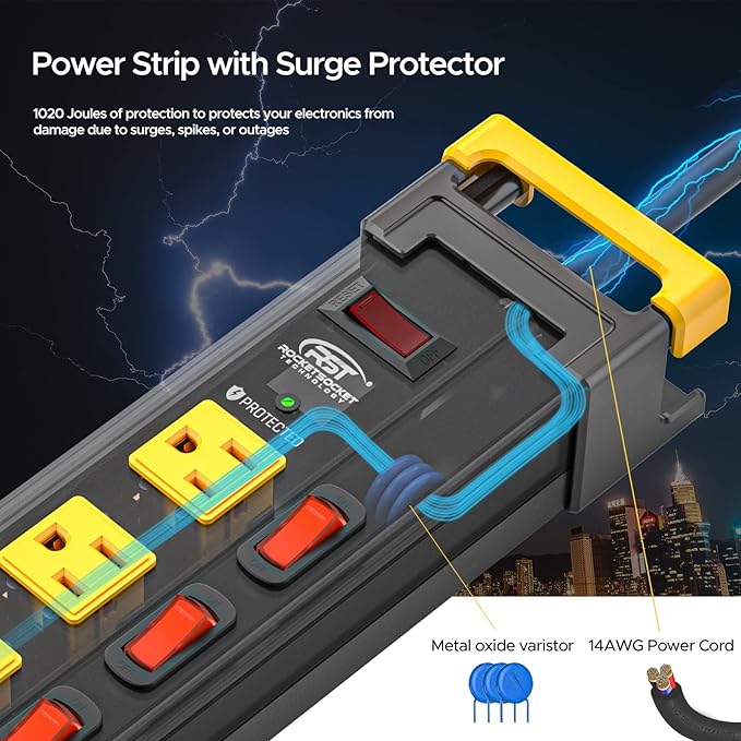 CRST 12-Outlet Heavy Duty Metal Power Strip with Individual Switches, Wide Spacing for Bulky Plugs, 9FTCord with Cable Management, 1020J Surge Protector for Garage, Workshop, Home (15A/1875W)