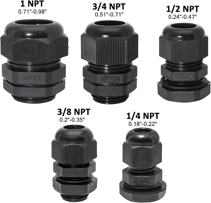 Bonsicoky 20 Pcs Nylon Cable Gland Kit, IP68 Waterproof Adjustable Cord Grip Cable Connector Strain Relief Wire Protectors, 1/4" 3/8" 1/2" 3/4" 1", Black