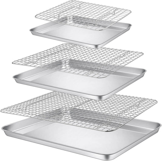 P&P CHEF Baking Sheet Set - Stainless Steel Cookie Sheets with Cooling Racks | 16, 12.5 & 9 Inch, Oven Safe