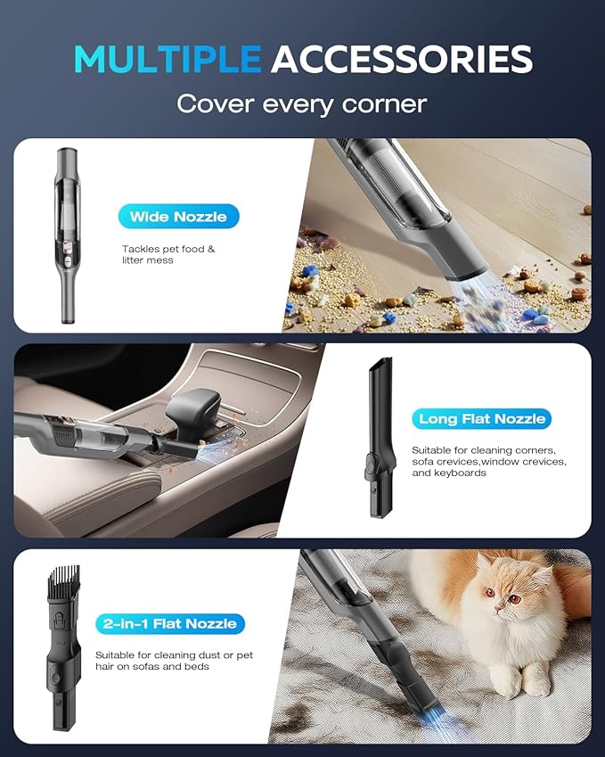 Zefiro Compact & Powerful Cordless Handheld Vacuum, Rechargeable Portable Car Vacuum for Car & Pet Hair, with XL Dust Cup, High-Suction, 2 Brushes & Filters, Long Runtime, Ideal Gift