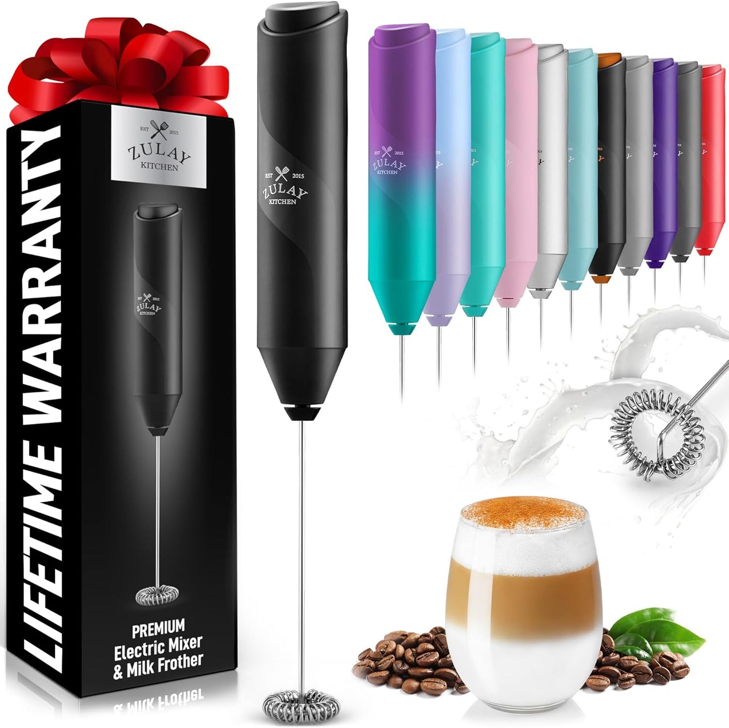 Zulay Milk Frother Wand - Mini Handheld Stainless Steel Mixer for Coffee, Lattes & Cappuccino - Black