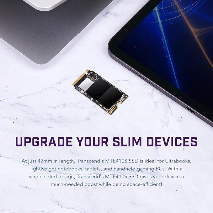 Transcend MTE410 2TB M.2 2242 SSD, Up to 5000MB/s, PCIe Gen4x4 NVMe 3D TLC for Ultra-Thin Laptops/Lenovo Legion Go/Yoga Gen 6/ASUS ExpertBook/ZenBook/Mini PC/DRAM-Less Design for Low Power Consumption