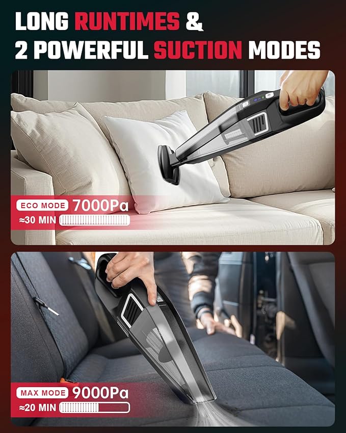 Evekas Handheld Vacuum Cordless, 9000PA Strong Suction, 2 Suction Modes, Fast Type-C Charging, Lightweight, Portable Car Vacuum Cleaner for Home Pet Office.