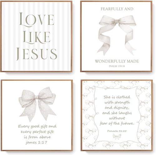 LARTSFRO Coquette Beige Bow Wall Art Decor - Inspirational Christian Posters for Teen Girls | 10x10 Inch Set of 4 Unframed