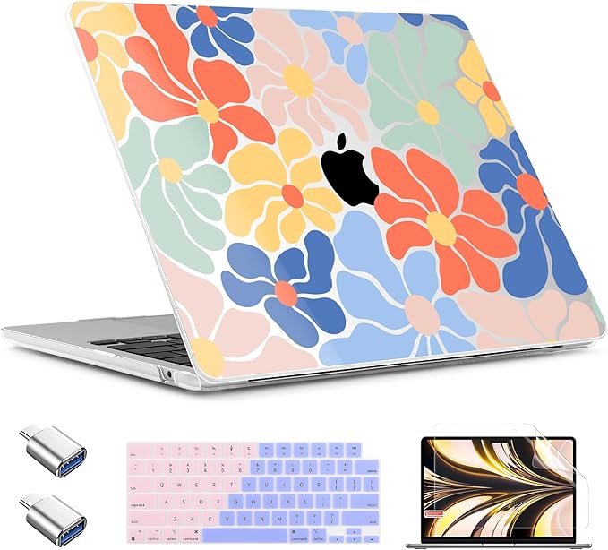 TWOLSKOO for MacBook Air 15 inch Case 2026 2025 2024 2023 Release M5 A3448 M4 A3241 M3 A3114 M2 A2941, Plastic Hard Shell & Screen Protector & Keyboard Cover & Type C Adapter, Chamomile Blue