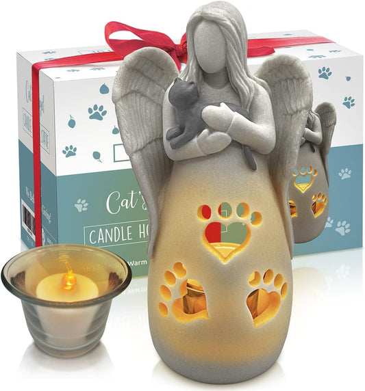 OakiWay Cat Memorial Gifts - Angel Candle Holder Figurine with Flickering LED Light | Sympathy Gifts for Cat Lovers