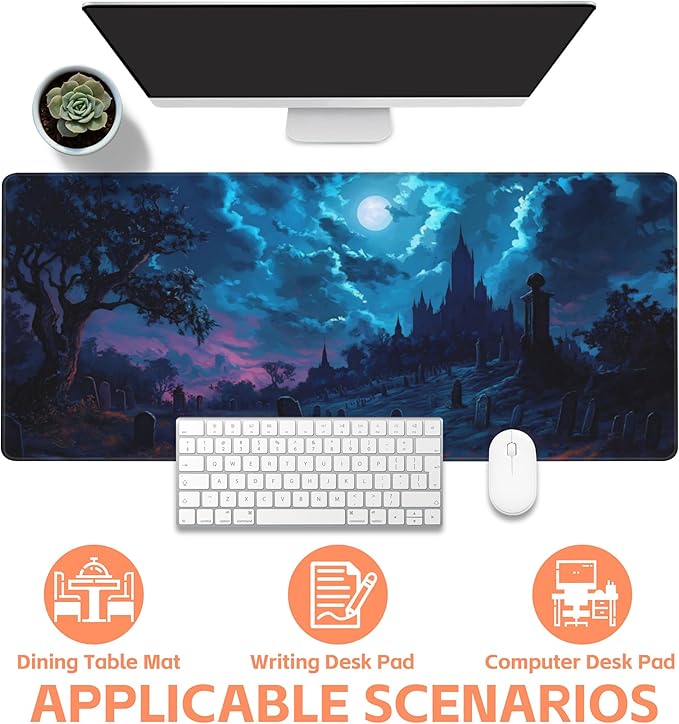 NIYLYNSYN Mouse Pad Large Gothic Graveyard Non-Slip Game Desk Mat with Stitched Edge Laptop Keyboard Desk Pad for Work Home Gaming (35.4 x 15.7 Inches)