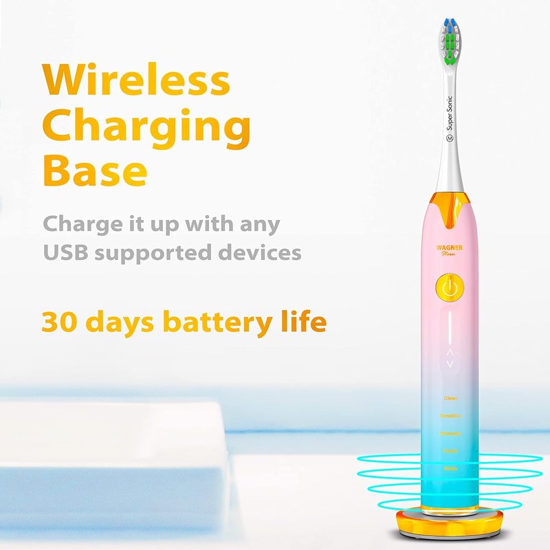 Wagner Stern Ultrasonic Whitening Toothbrush - 5 Modes, 4 Intensity Levels, Travel Case & 8 Soft Bristles
