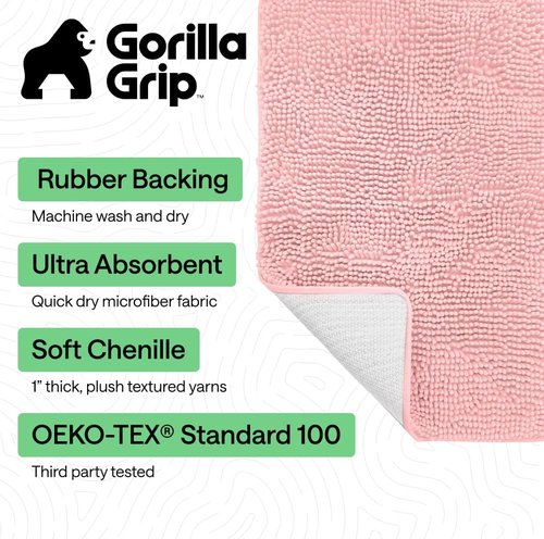 GORILLA GRIP Bath Rug Mat - Soft Absorbent Chenille | Quick Dry Microfiber, 60x24, Light Pink