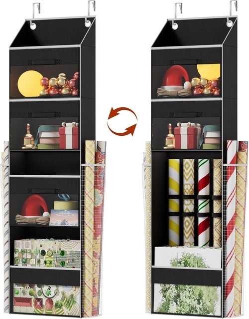 Black Over Door Wrapping Paper Organizer by [Brand Name] - 3 Removable Drawers & Side Pockets for Easy Storage | Perfect for Christmas Gift Wrap