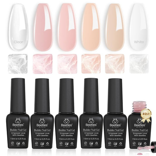 Beetles Builder Gel Set,6 Colors Soft Nude Whisper Nude Pink Building Gel,8 in 1 Strengthening Building Instant Apex & Nail Extension,for Beginners DIY Salon at Home Gifts,UV & LED Lamp Needed