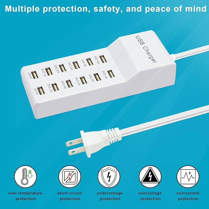 USB Charging Station Wall Charger, Multi-Port Fast Charging Block, Compatible with iPhone, Android Phones, Tablets and Bluetooth Speakers - Compact for Home Office and Travel Use White