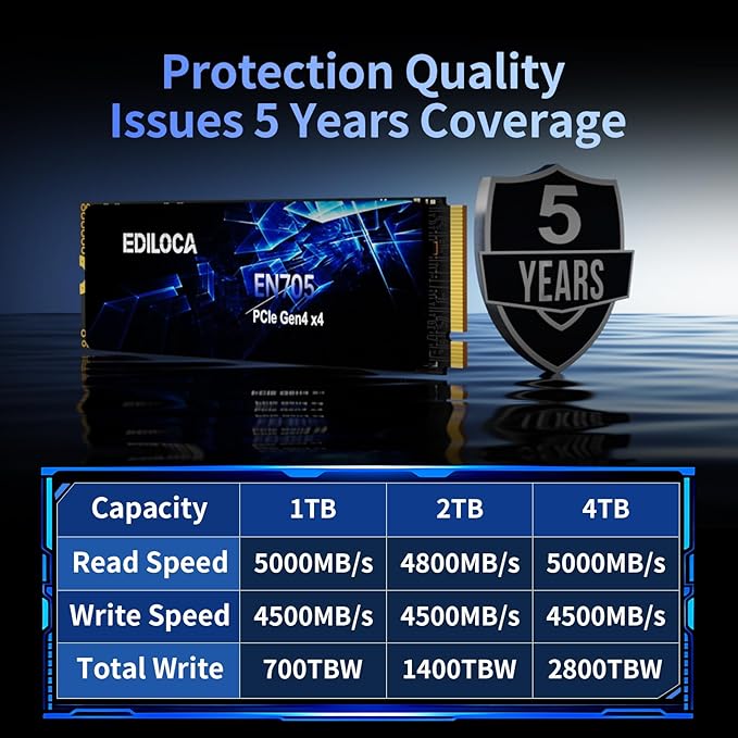 Ediloca 1TB SSD NVMe M.2 2280 PCIe Gen4 x4 Internal Solid State Drive - Up to 5000MB/s, 1TB SSD PS5 Dynamic SLC Cache, PS5 Compatible for Gaming PC Laptop(EN705)
